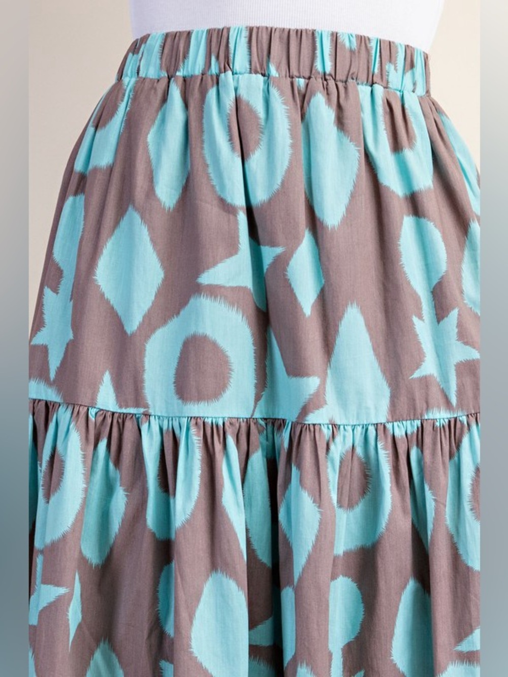 Boutique Geometric Print Tiered Maxi Skirt Taupe Turquoise Boho Resort S - Picture 4 of 4
